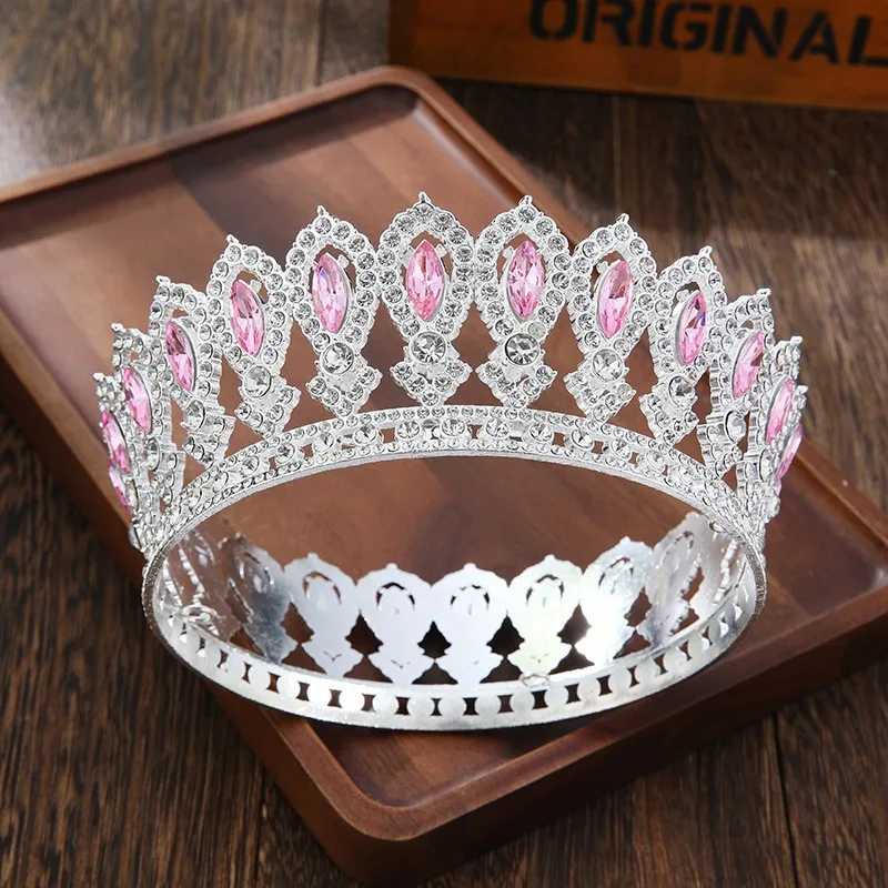 Corona da sposa transfrontaliera Copricapo barocco a cerchio intero in stile europeo, lussuosa decorazione in cristallo, imperiale rotondo pesante