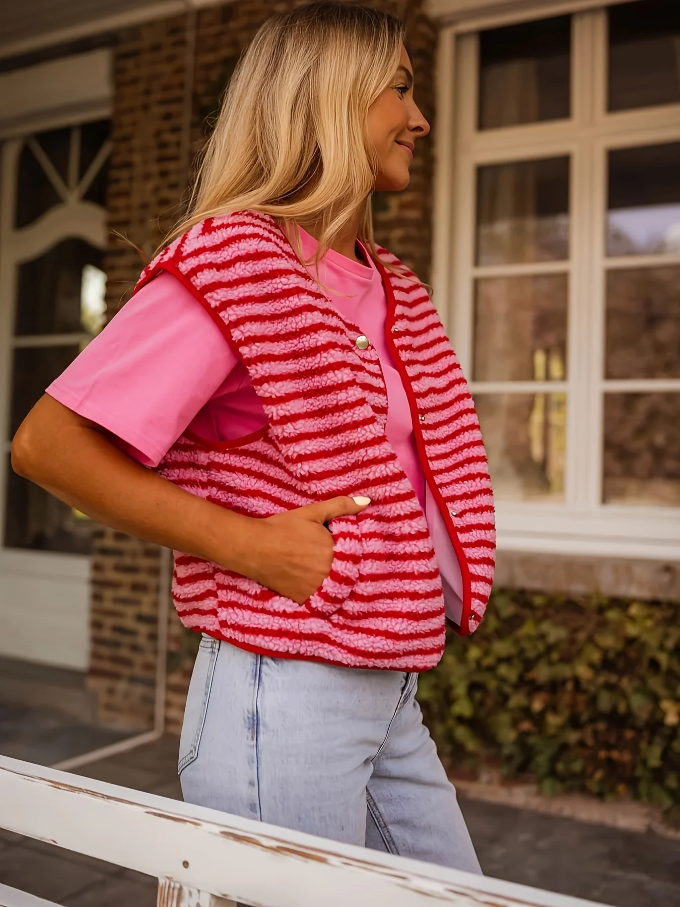 Middle Aged Women's Pink Striped Fuzzy Knit Vest Button Front Sleeveless Outerwear with Side Pockets for Casual Daily Wear