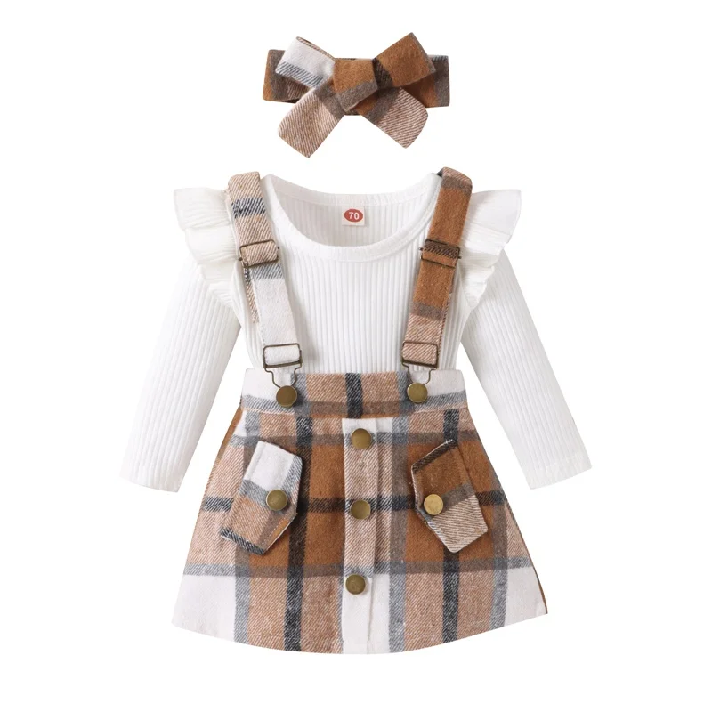 

BeQeuewll Baby Girls Fall Outfits Long Sleeve Romper And Plaid Suspender Skirt And Headband Set Newborn Clothes 3 Piece Set