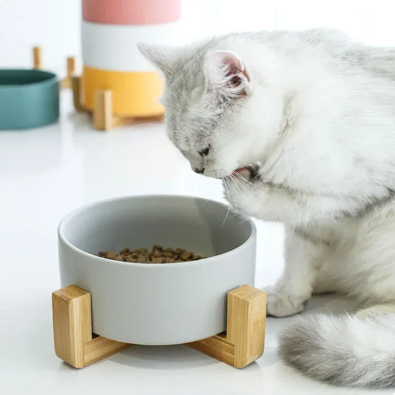 

Pretty ceramic bamboo shelf tableware set Puppy double food bowl Large dog water bowl stand Kitty Cat pink feeder Pet supplies