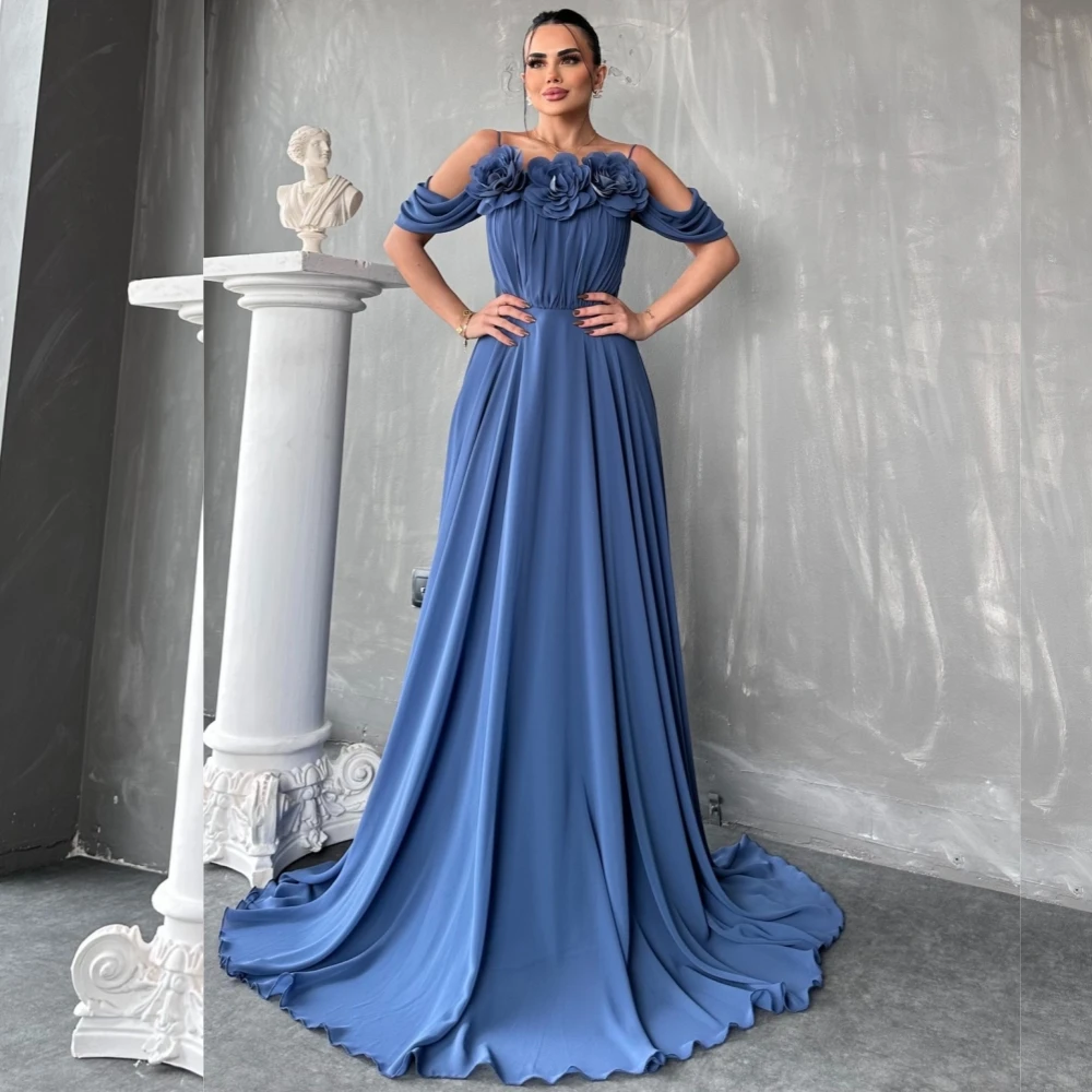 

Exquisite Jersey Applique Flower Ruched Handmade Flower A-line Spaghetti Strap Strapless Long Dresses Evening Dresses Matching