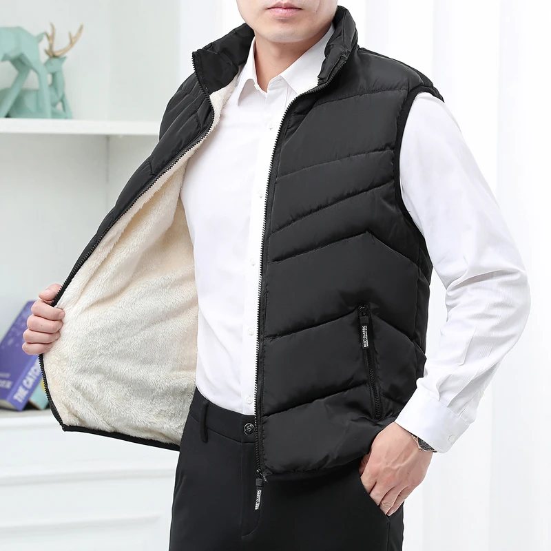Winter Business Wool Lined Vest Jacket Men Slim Fit Stand Collar Sleeveless Puffer Jackets Autumn Casual Waistcoat Men Warm Coat