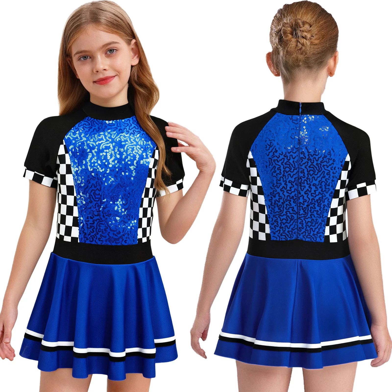 

Halloween Racer Cosplay Dress Costume Checkerboard A-line Dress with Built-in Briefs for Car Racing Driving Outfits