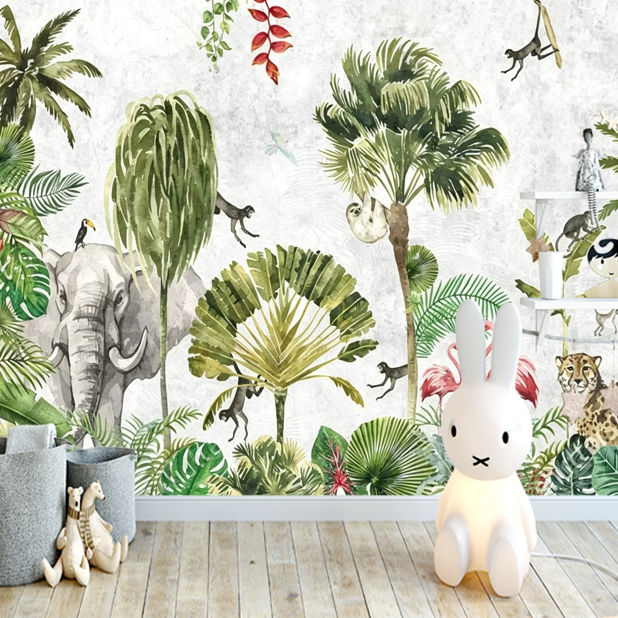 Kids Tropical Jungle Animal Wallpaper Custom Peel Stick Wall Mural Elephant Giraffe Tropical Leaf Bedroom Home Wall Decoration