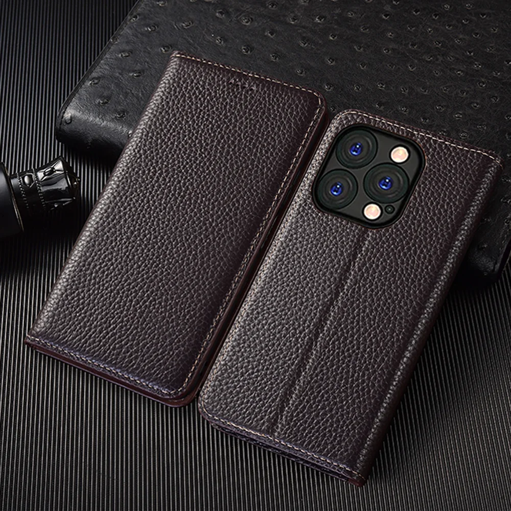 

Litchi Pattern Genuine Leather Flip Case For Apple iPhone 12 13 14 15 16 16e 17 Pro Max Plus Mini Air Phone Cover Card Cases