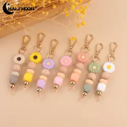 Daisy Silicone Beaded Keychain Handmade Wood Beads Key Chains For Women Girls Car Bag Pendant Key Accessories Keyring Gift