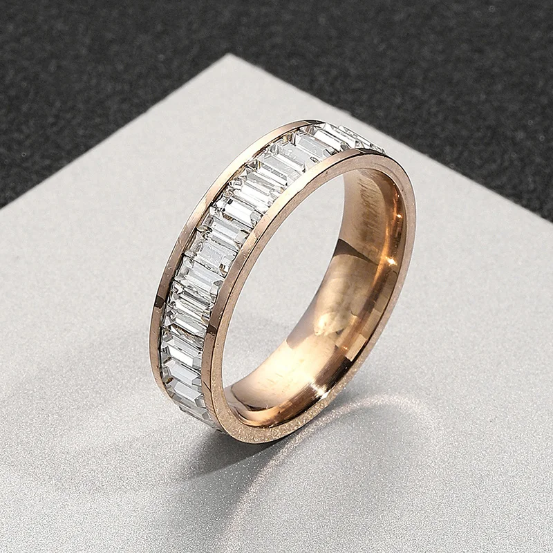 Nuevo anillo de circonia cúbica helado de 6mm para mujer, anillos de boda de acero inoxidable de Color dorado/plateado para mujer, regalo de joyería de moda