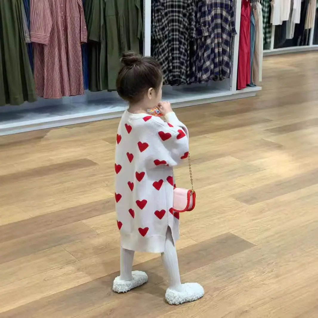 

2026 New Spring and Autumn Girls Sweet and Cute Red Love Knitted Woolen Dress Children's Hem Split Long Hooded Sweater