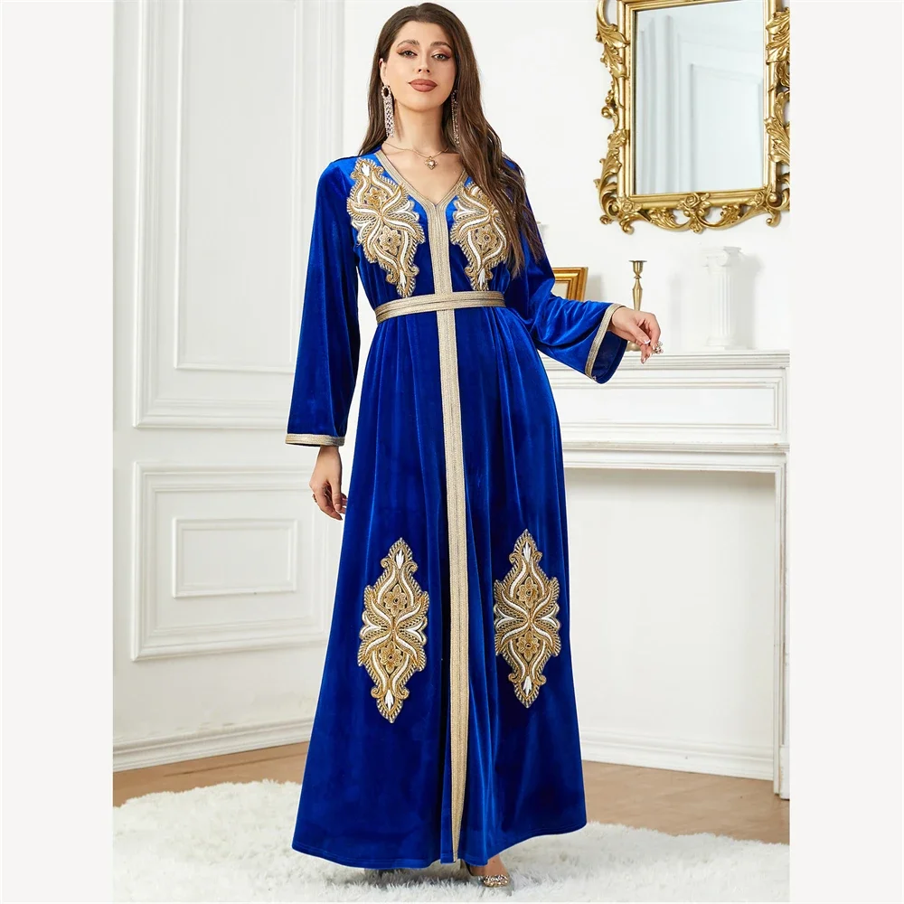 Velluto ricamato Abaya per le donne di moda musulmano inverno caldo lungo maxi abito caftano tacchino arabo caftano Dubai abiti marocchini