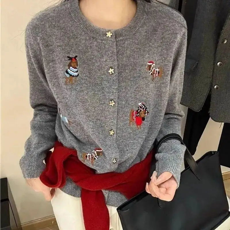 Embroidery Knitted Cardigan New Fashion Round Neck Cartoon Sweater Coat Single Breasted Top for Women Spring Autumn Casual