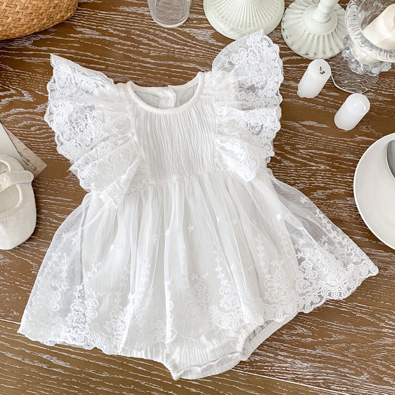 

Summer 0-24M Newborn Baby Girls Bodysuits Flying Sleeve Cotton Lace Stitching Infant Baby Girls Jumpsuit Baby Girl Clothing