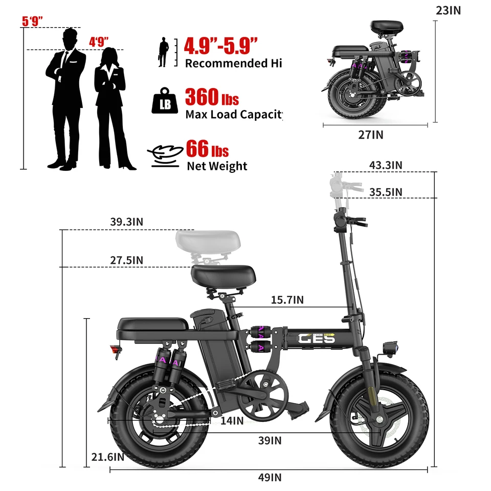 UPlee GE5 Adults Electric Bike 500W Peak Motor 48V 15AH Removable Battery Electric Bicycle 14 Inch Folding Urban Leisure E Bike image 7