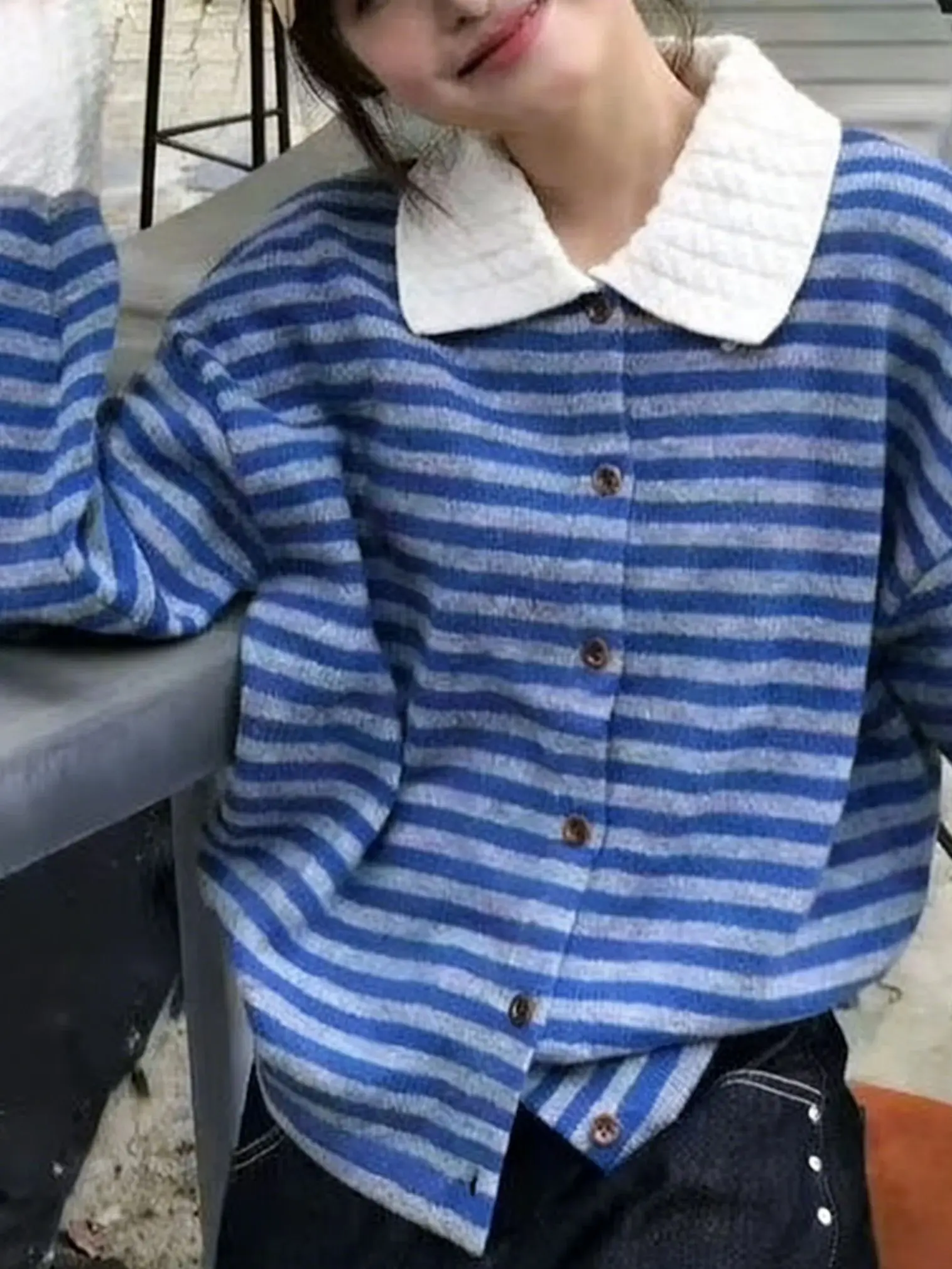 

Spring Autumn Retro Striped Knit Sweater Women's Lazy Style Turn-Down Collar Versatile Casual Loose Soft Knit Cardigan