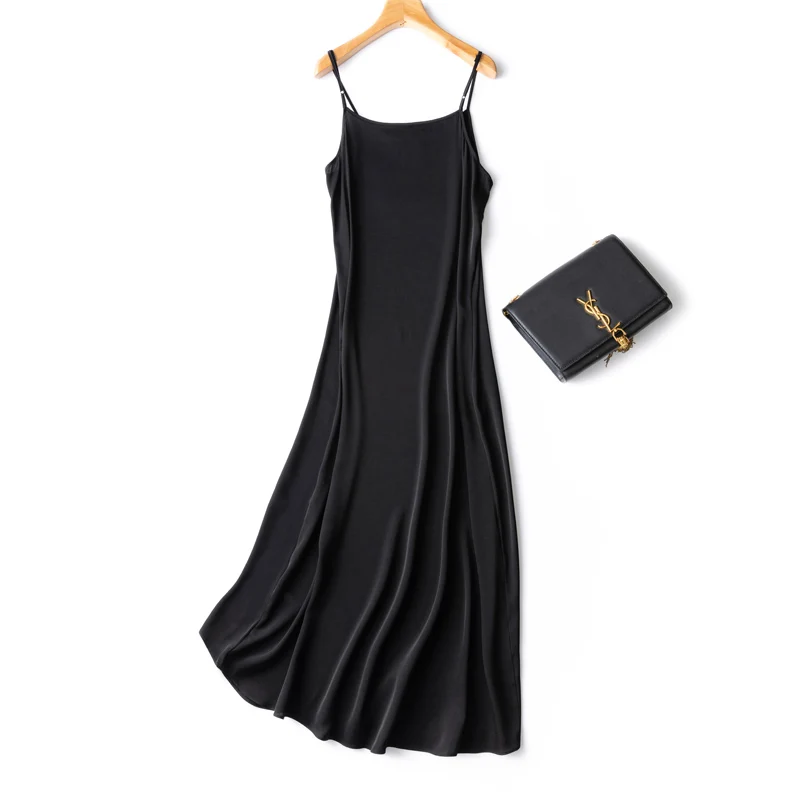 Women 93% Mulberry Silk 7% Spandex 16 Momme Black Adjustable Straps Full Slip Chemise Extended Long Maxi Dress M L XL MM008