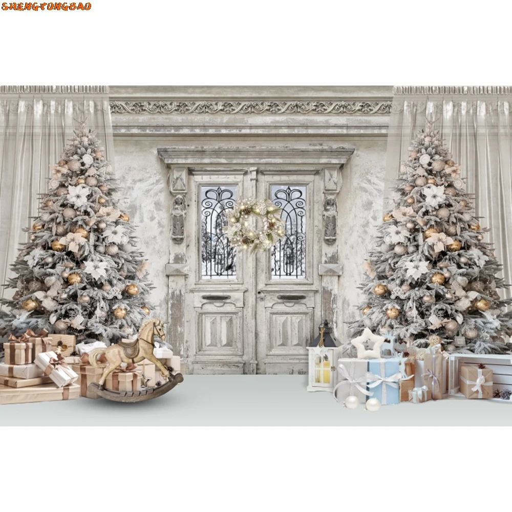 White Snow Christmas Backdrop Xmas Tree Fireplace Interior Merry Christmas Winter Family Kids Portrait Photography Background