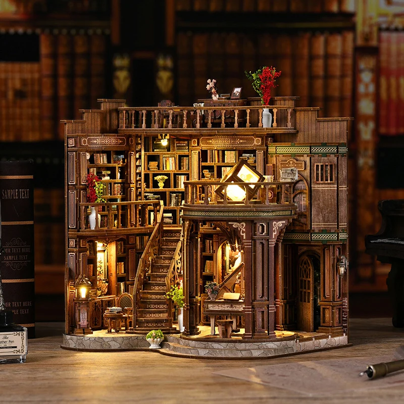 

Retro DIY Wooden Dreamy Book Hall House Figurines Miniatures Kits With LED Lights Home Desk Decoration For Adult Handmade Gifts