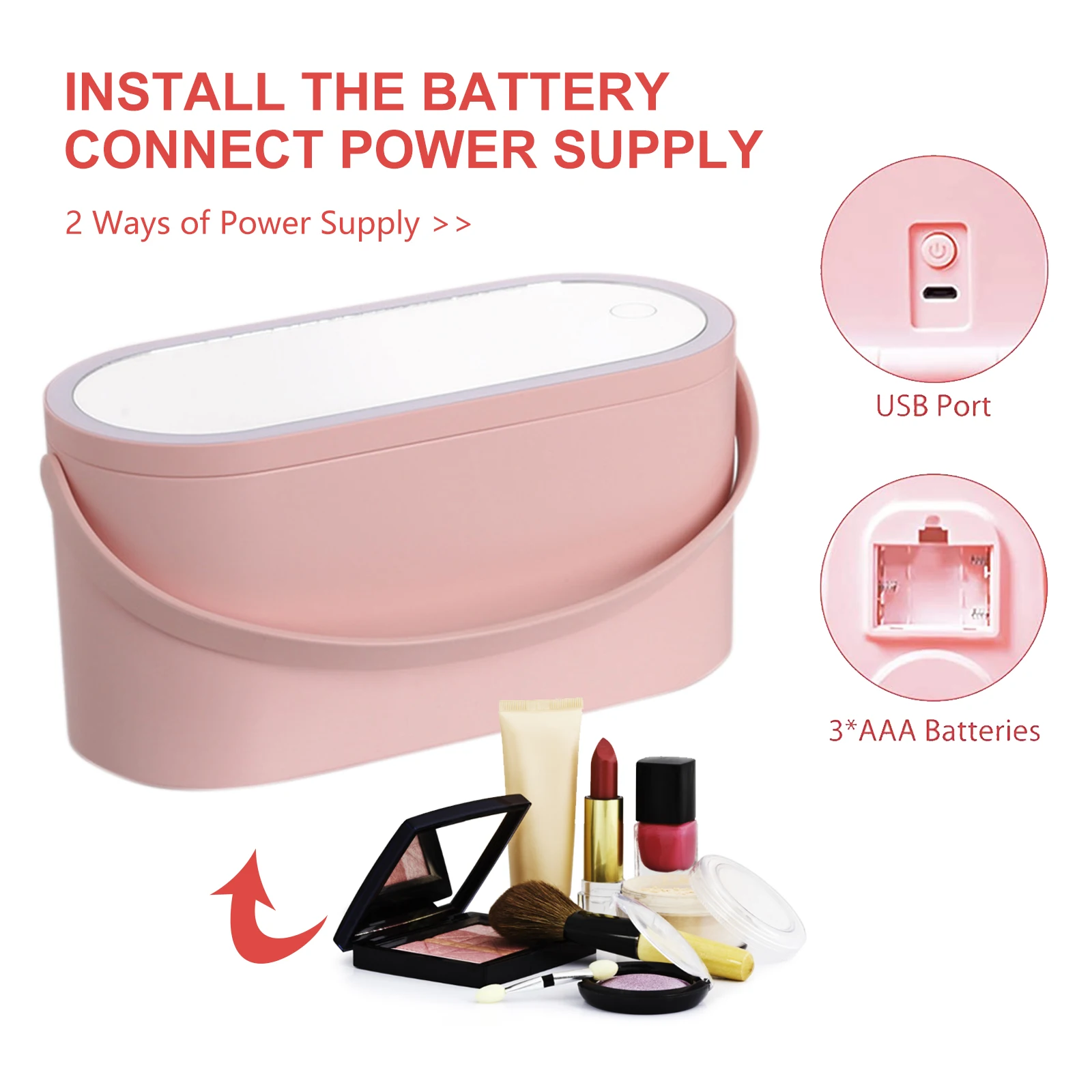 Portable Makeup Box with Light Up Mirror Cosmetic Storage Box Travel Makeup Case