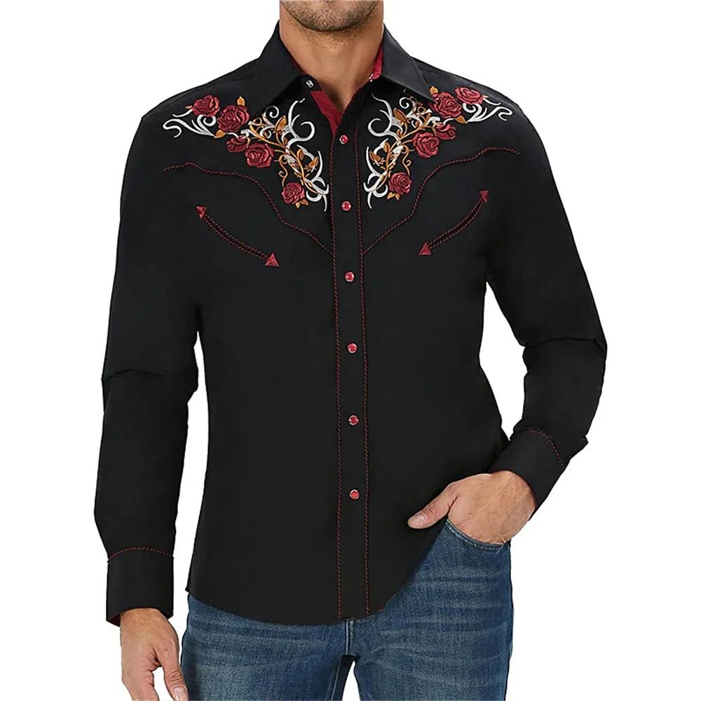 Western Printed Shirt Rose Pattern 3D Street Long Sleeve Button Fashion Street Apparel Designer Western Style 2023