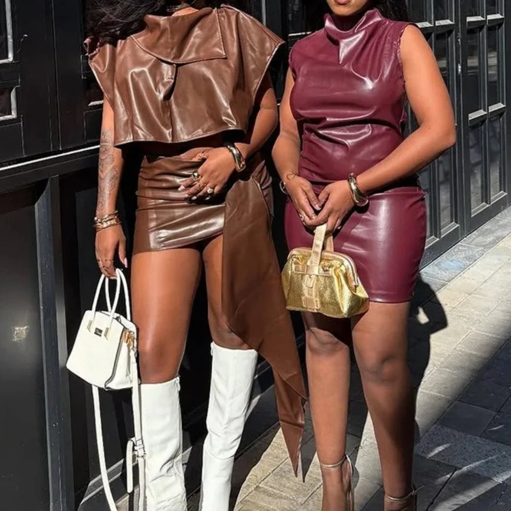 

Leather Dress Two Piece Sets Party Wear 2025 Women Y2K Streetwear Fall Sexy Party Dress Elegant 2 Piece Sets Woman Outfit Winter
