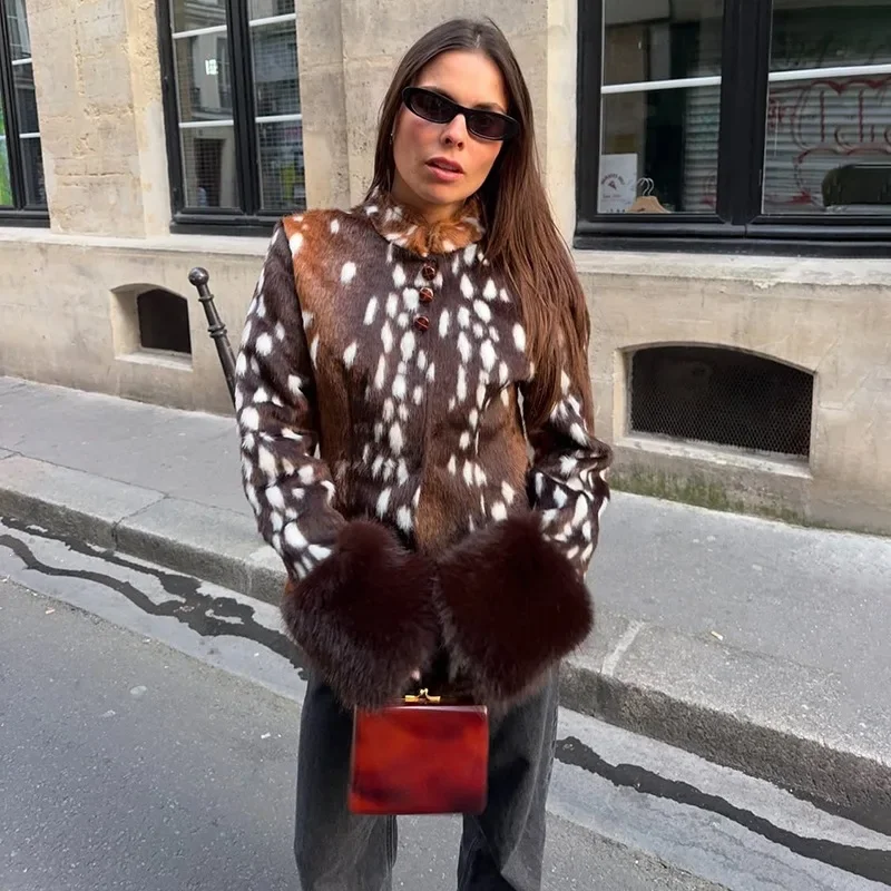 Women Deer Spot Print Faux Fur Cropped Jacket Stand Collar Dark Fur Cuff Button Up Short Coat Vintage Winter Street Outerwear