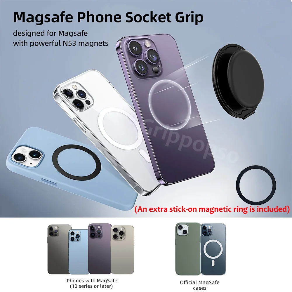 حامل هاتف عالمي من PopsoGrip لـ Magsafe لسلسلة iPhone بمسند حلقة مغناطيسية وقبضة هاتف قابلة للطي وقابلة للدوران