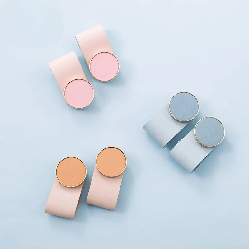 

1 PC Leather + Brass Cabinet Handles Colorful Drawer Knobs for Children's Room Bedroom Wardrobe Pulls Modern Furniture Hardware