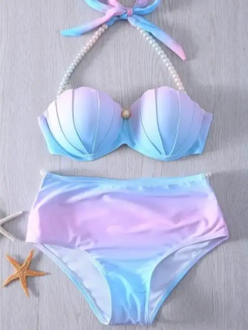 Women's High Waist Swimwear Ladies Bra Set Bikini Swimsuit Sexy Open Back Mermaid Gradient Shell Split Famale Bathing Suit