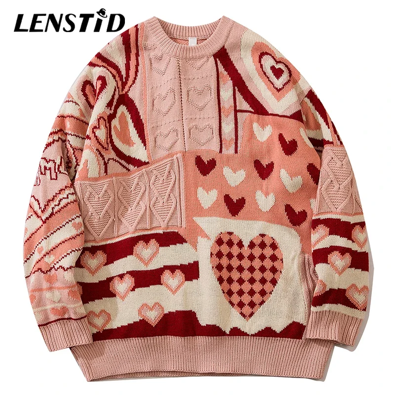 

LENSTID Men Hip Hop Knitted Jumper Sweaters Heart Color Block Knitwear Streetwear Harajuku Autumn Loose Casual Pullover Clothing