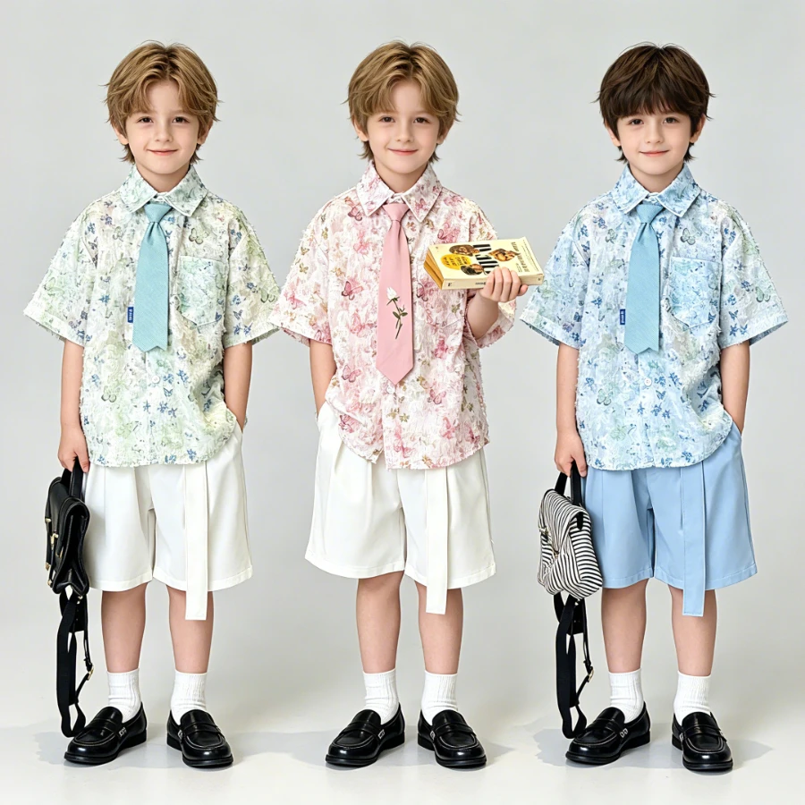 Boys Floral Outfit Kids Short Sleeve Shirt with Tie Shorts Toddler Boy Summer Party Gentleman Fashion Children Casual Wear 10 Y