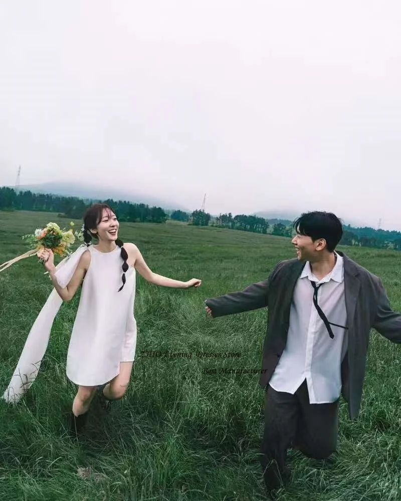 ZHIO White Casual Satin O-Neck Sleeveless Mini Length Short Cocktail Porm Dress with Shawl and Bow O-Neck Prom Gowns Customized