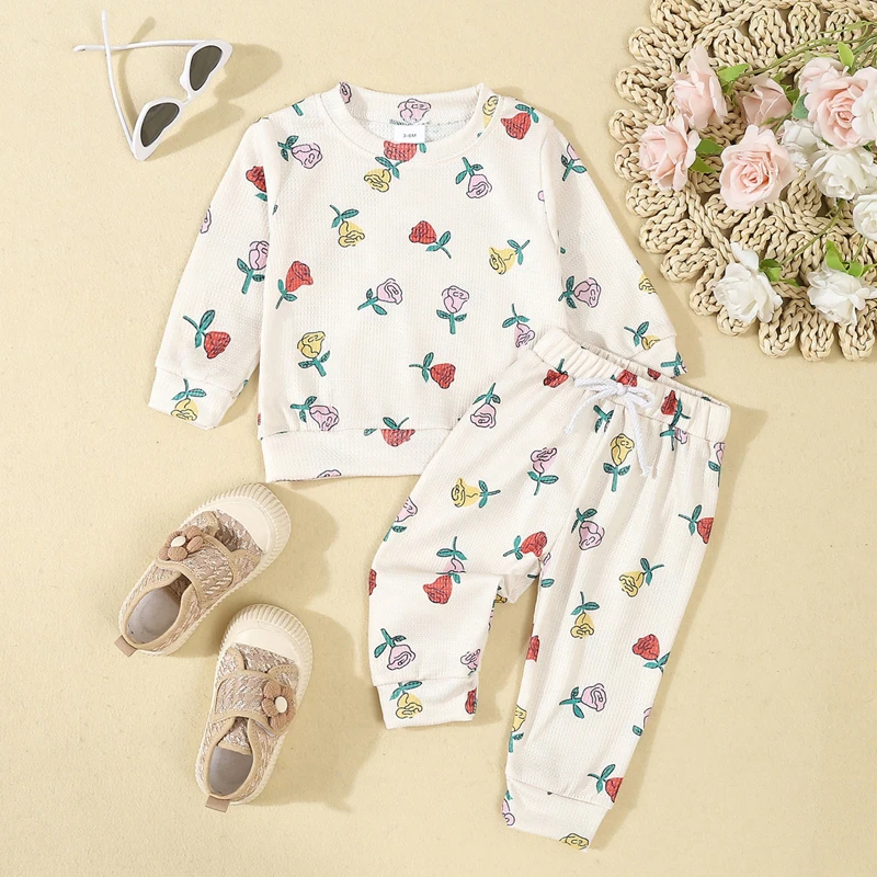 

Suefunskry Toddler Girls Spring Fall Sets Long Sleeve O-Neck Flower Print Pullover Tops Drawstring Pants 2Pcs Outfit