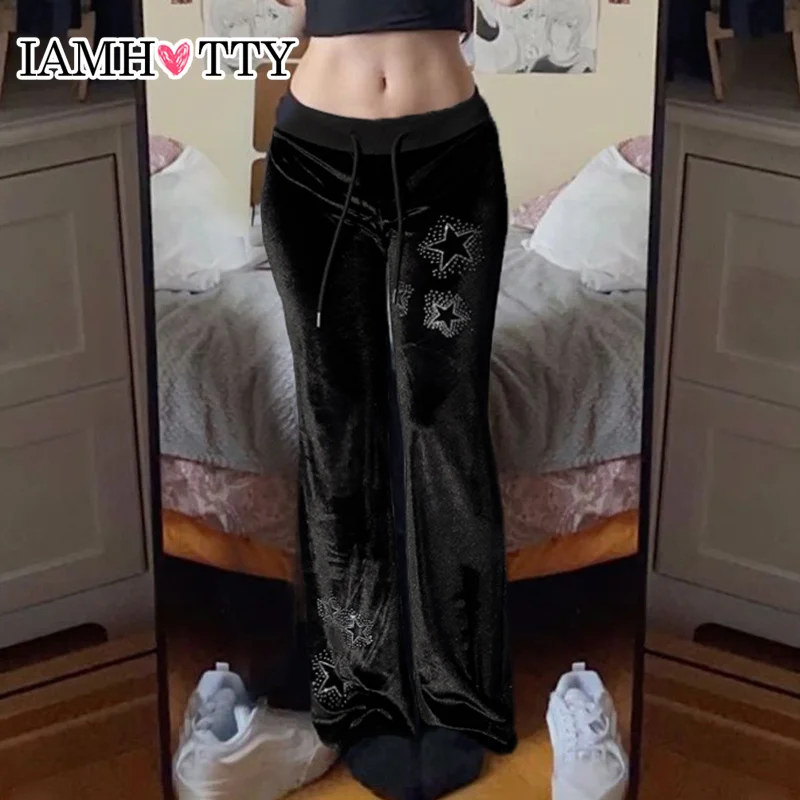 

IAMHOTTY Rhinestones Star Velvet Flared Pants Y2K Aesthetic High Waist Baggy Sweatpants Jogging Casual Basic Boot Cut Trousers