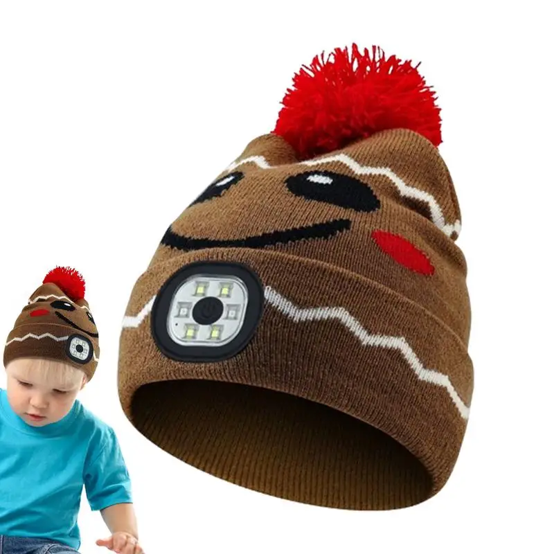 Knit Hat With LED Light Rechargeable Kids Winter Knitted Hats With Fur Ball Washable And Removable Fur Ball Light Up Hat Outdoor