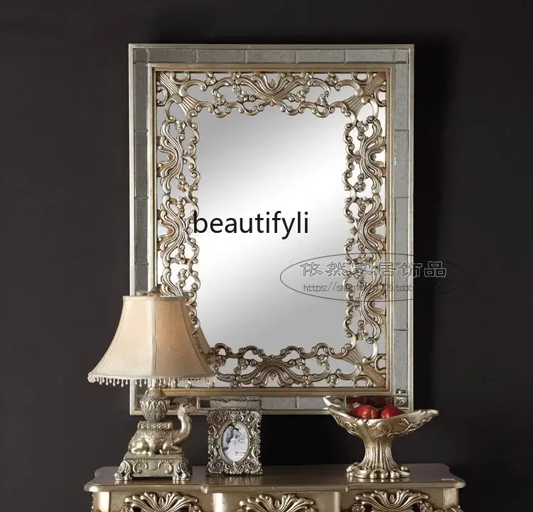 Yy الأوروبي مربع الخشب نحت العتيقة الجدار مرآة الزخرفية مدخل الفن زخرفة الخلفية الموقد مرآة معلقة #2