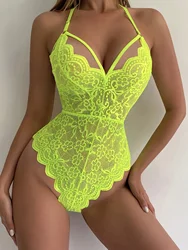 Floral Lace Scallop Trim Teddy, Cut Out Halter Backless Thong Bodysuit, Women's Sexy Lingerie & Underwear