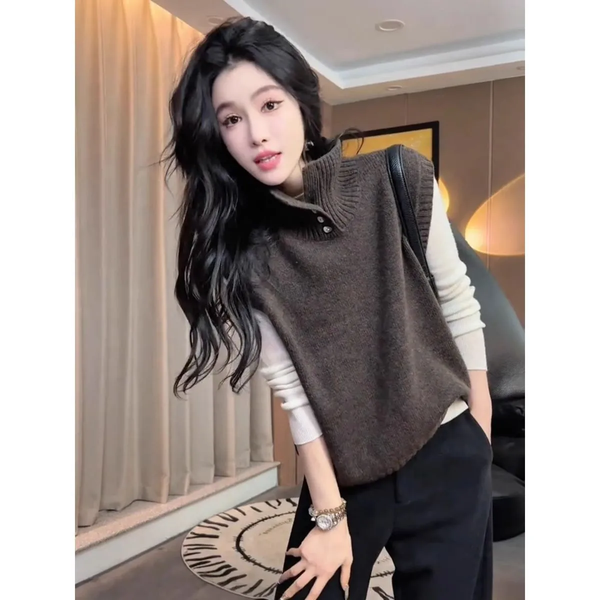 Gilet maglione lavorato a maglia alto Ne da donna Casual Sle Loose Fit Lungo Sve Abbigliamento interno Stratificazione Faion Autunno Inverno Tempo libero