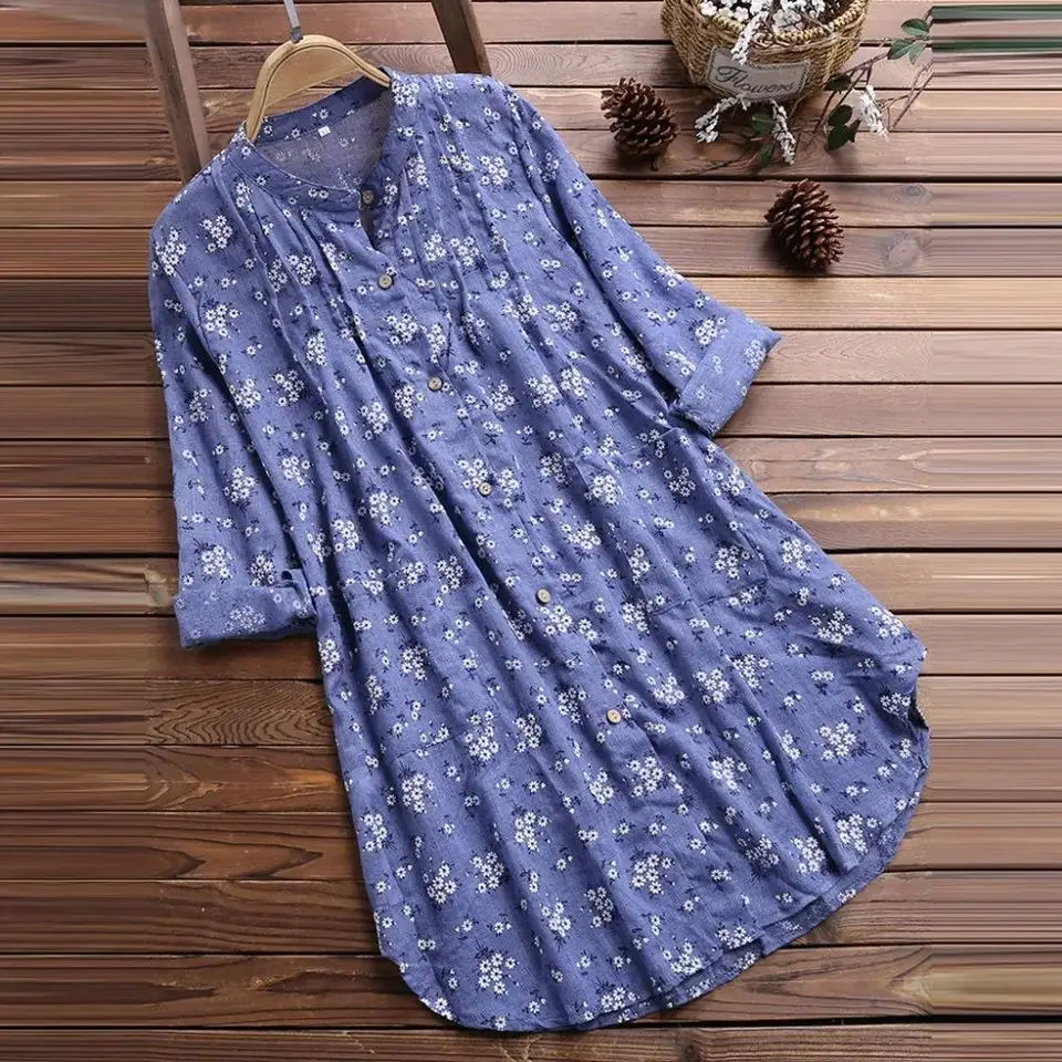 Large Size Women's Long Cotton Blouse Floral Print irt Ladies Top Comfortable Fit Button Detail Regular Sve Length