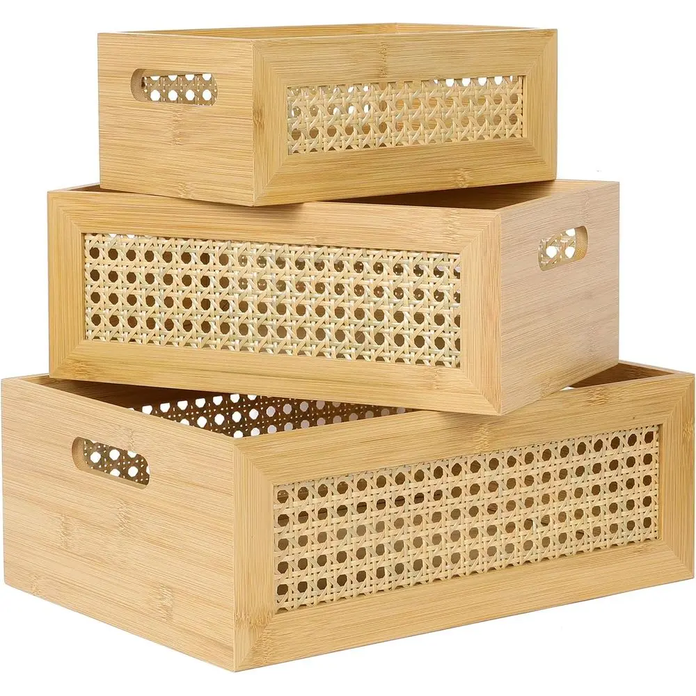 

Natural Bamboo Storage Basket Set: 3-Piece Nesting Wicker Crates for Home & Office Organization