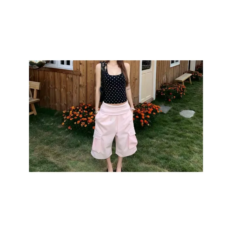 American Retro Spice Girl Style Pocket Casual Shorts Sports Style Loose Middle Pants