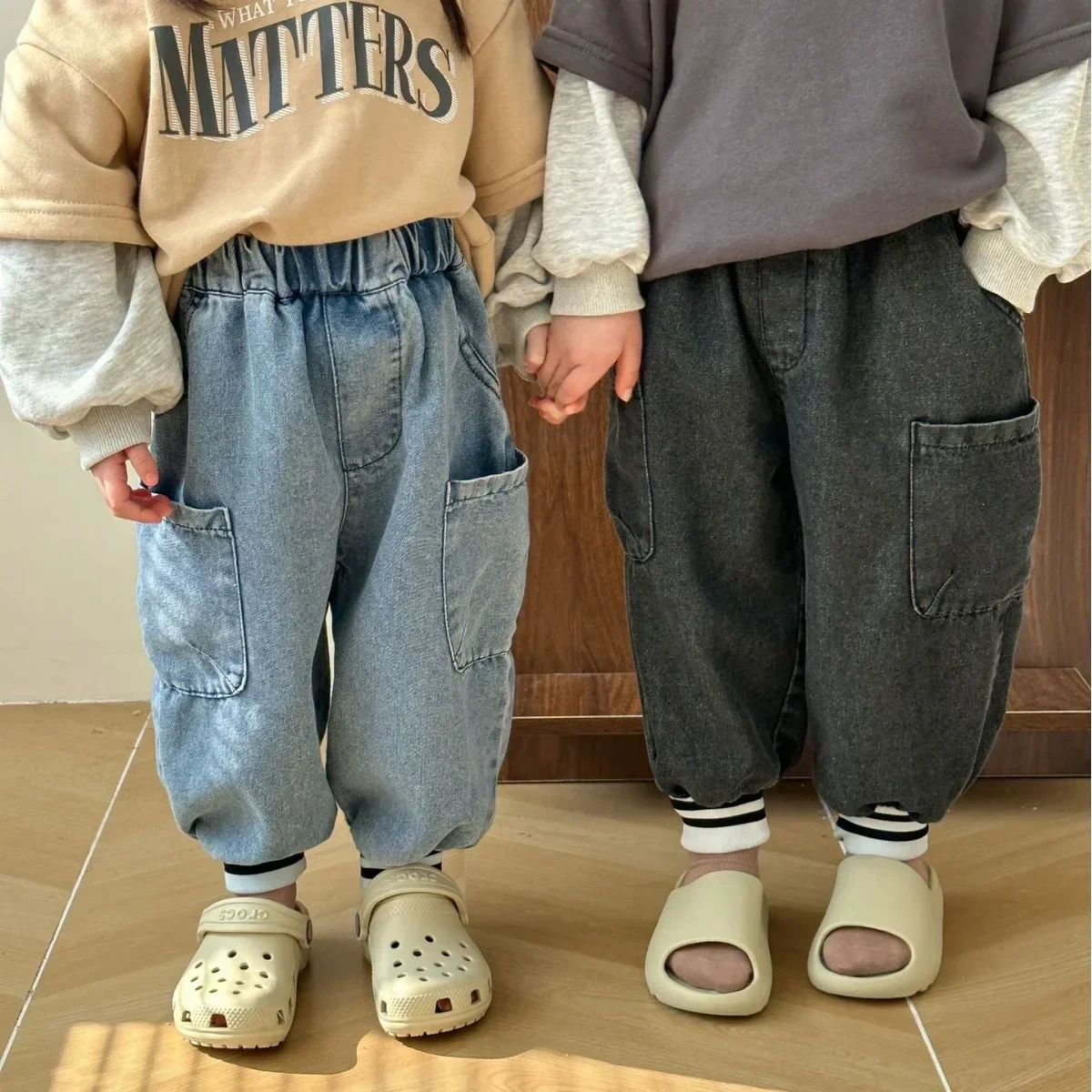 Spring Autumn thread leg opening side pocket jeans for Children soft loose cotton denim pants