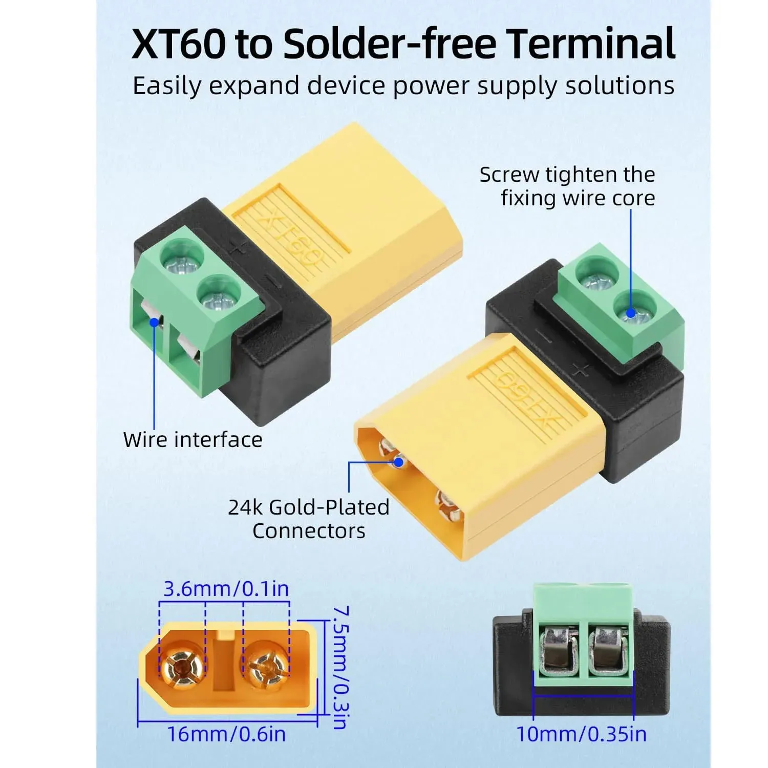 2-Pin Terminal Solderless to XT60 Male Female Adapter Charging Connector For UAV Balance Charger Solar Panel Model Devices