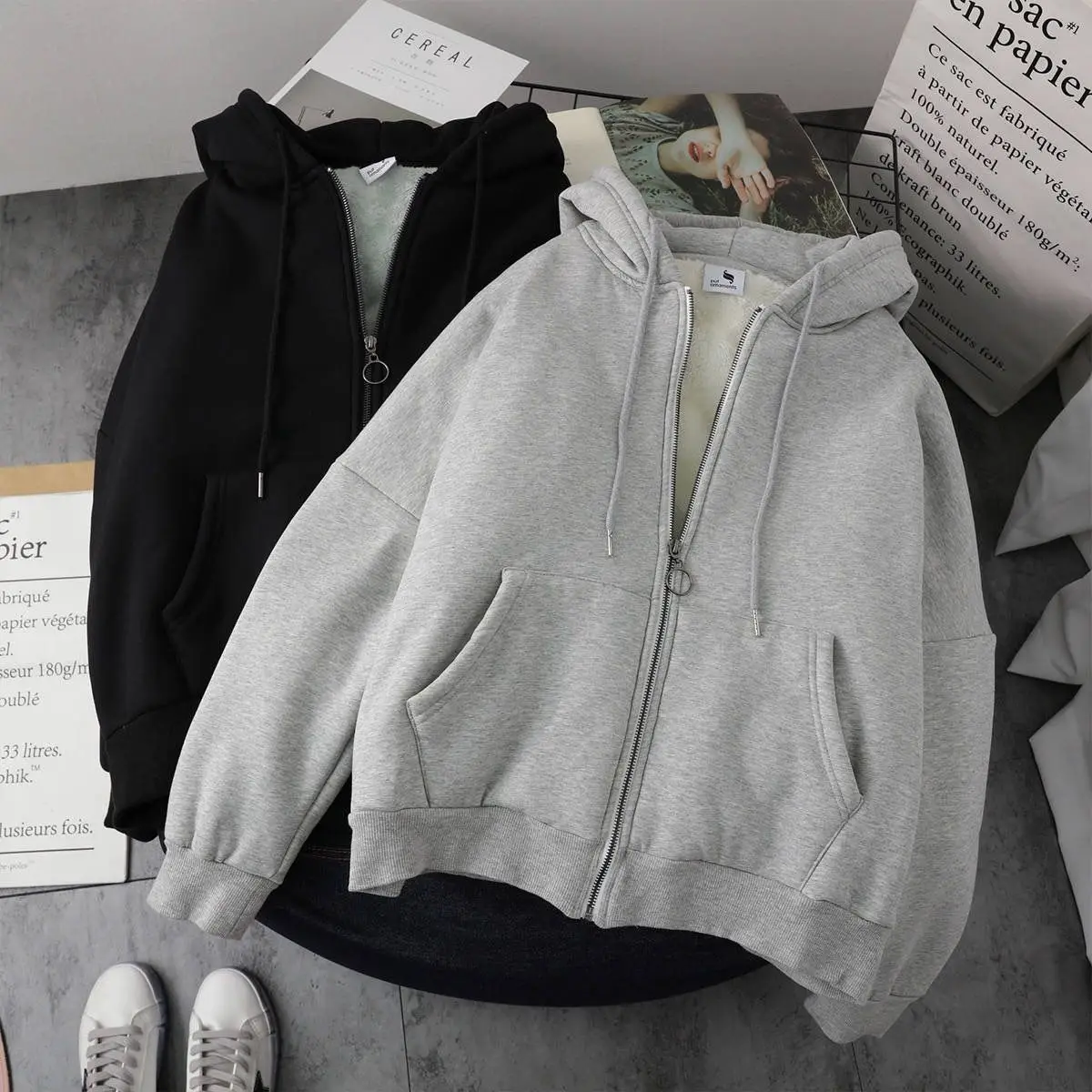American Clothing Hooded Sweatshirt Men's Thick Fleece Warm Loose Zipper Cardigan Jacket Trendy Hip-hop Style Couple Outfit