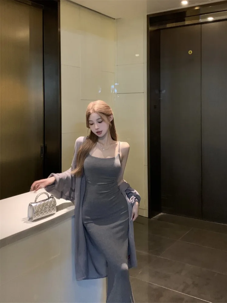 

French Elegant New Summer Two Piece Sets Knitted Long Sleeve Cardigan + Sleeveless High Waist Slim Long Mermaid Slip Dresses