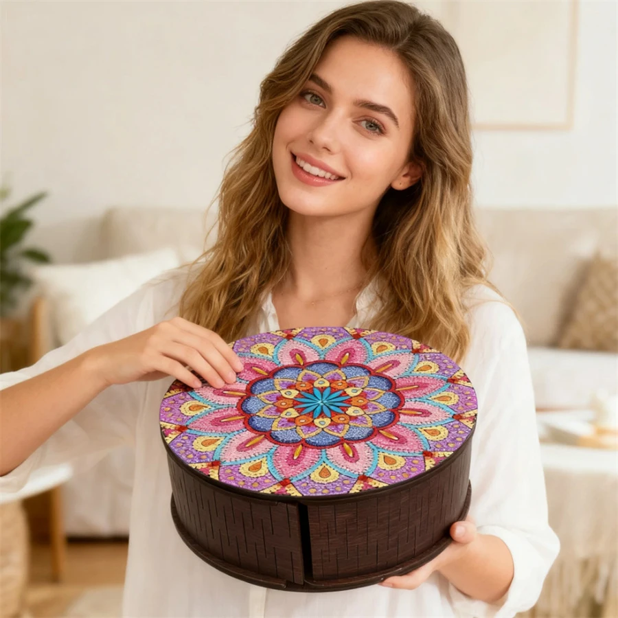 

Мандала Алмазная картина Контейнер Деревянный футляр для ювелирных изделий Алмазный художественный органайзер Коробка Набор Креативная круглая коробка для хранения