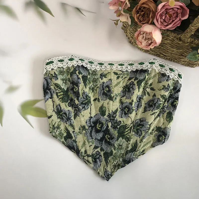 

Green Flower Pattern Off Shoulder Women's Corset Irregular Cut Vintage Vest Sexy Corselet Top Female Underwear Bustier Bandage