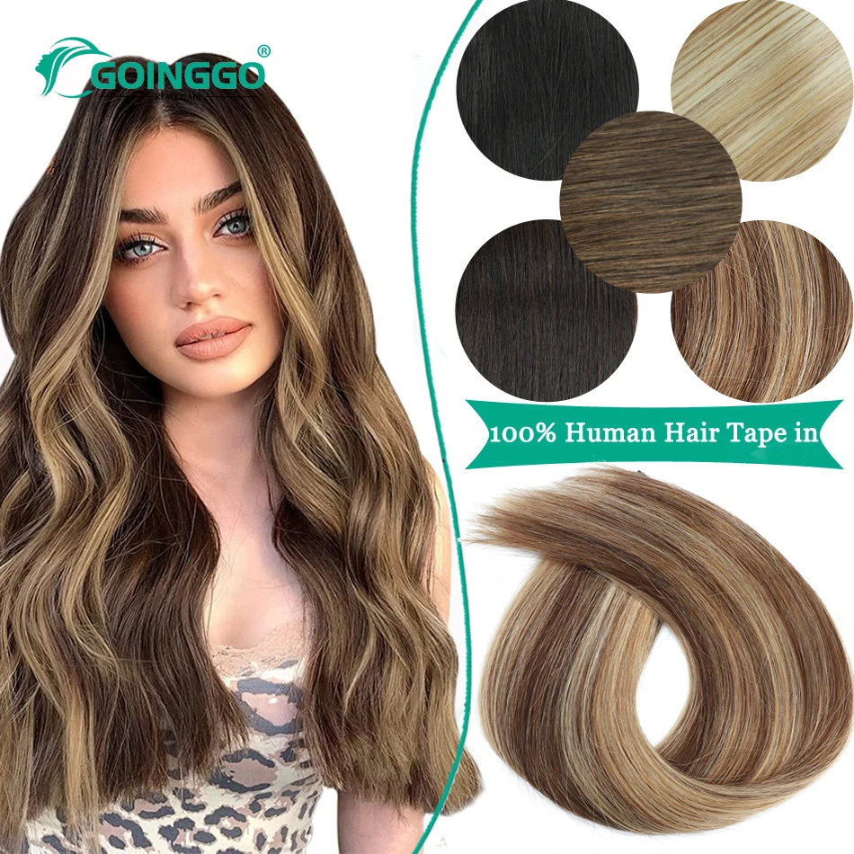 4/27 Straight Tape In Human Hair Extensions Highlight Ombre Chocolate Brown To Caramel Blonde Natural Look Skin Weft For Salon