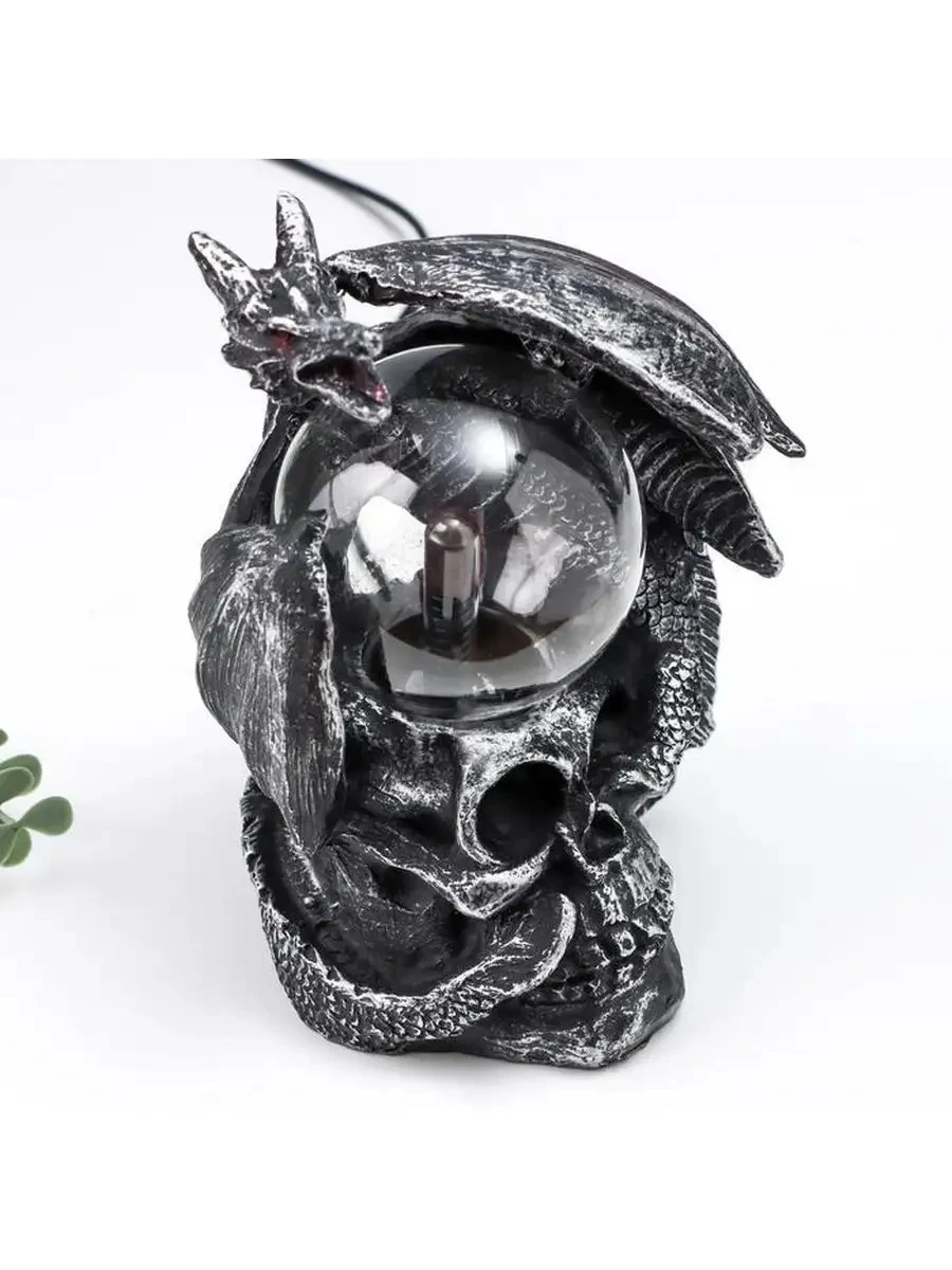 USB Powered Skull Plasma Ball Lamp Resin Touch Sensitive Lightning Magic Ball Gothic Halloween Home Decor Night Light