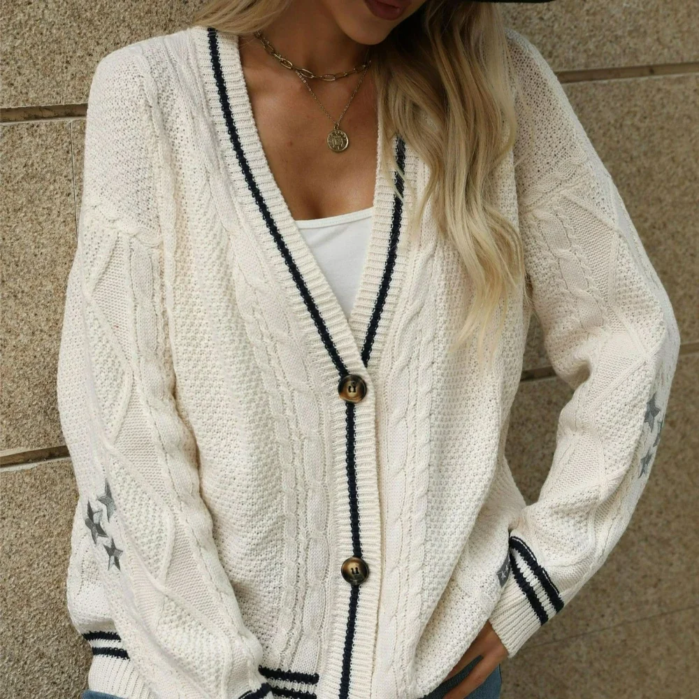 

FDEY женский кардиган с v-образным вырезом и вышивкой звезд, вязаный кардиган с пуговицами, свободный повседневный свитер, куртка
