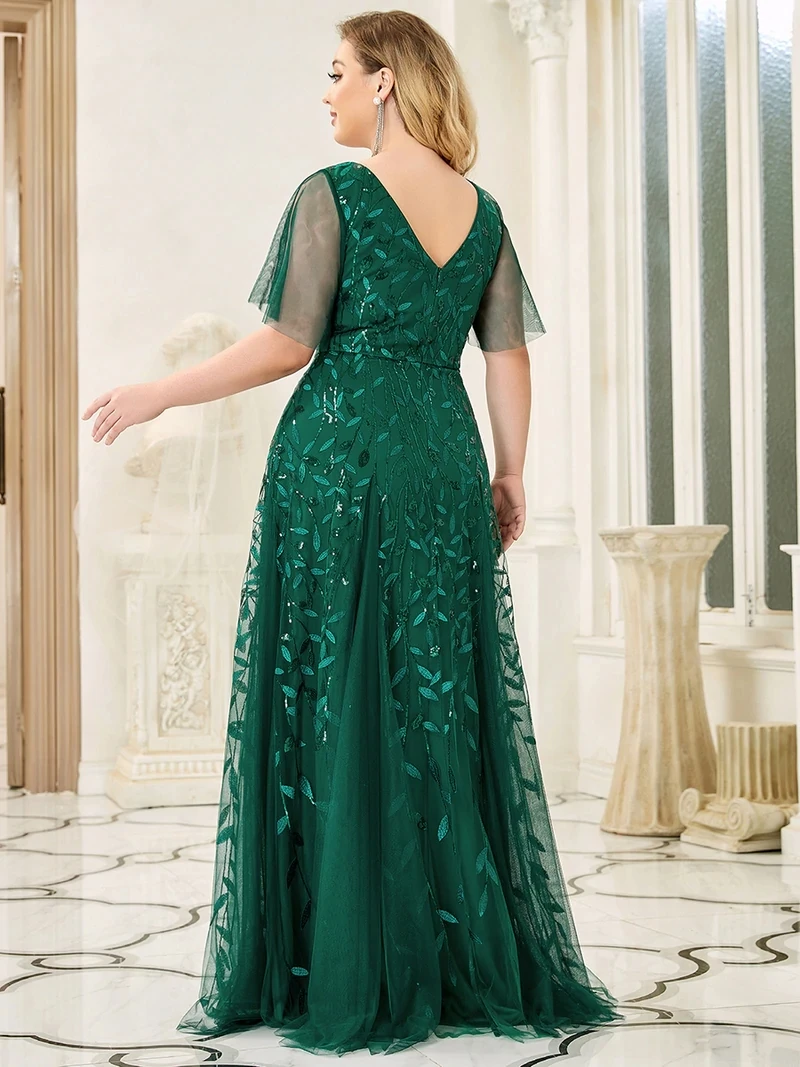 Plus Size Evening Dresses Long A-LINE Deep V-Neck Half Sleeves Floor-Length Gown 2025 Ever Pretty of GauzeDark Green Women Dress