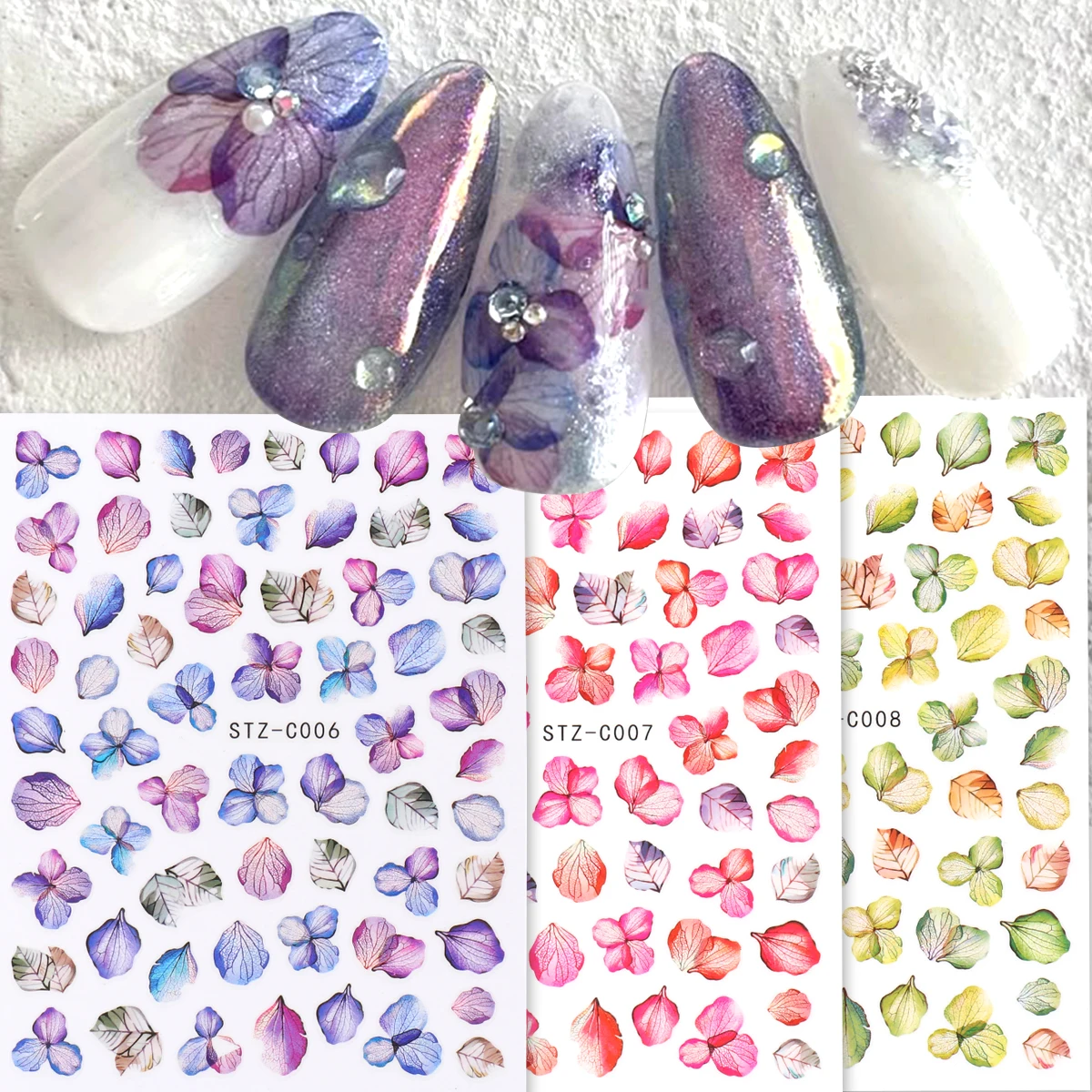 3pcs Gradient Flower Petal Nail Art Stickers Purple Pink Textured Floral Design Decals Japanese Charm Tattoo Nail Manicure Decor